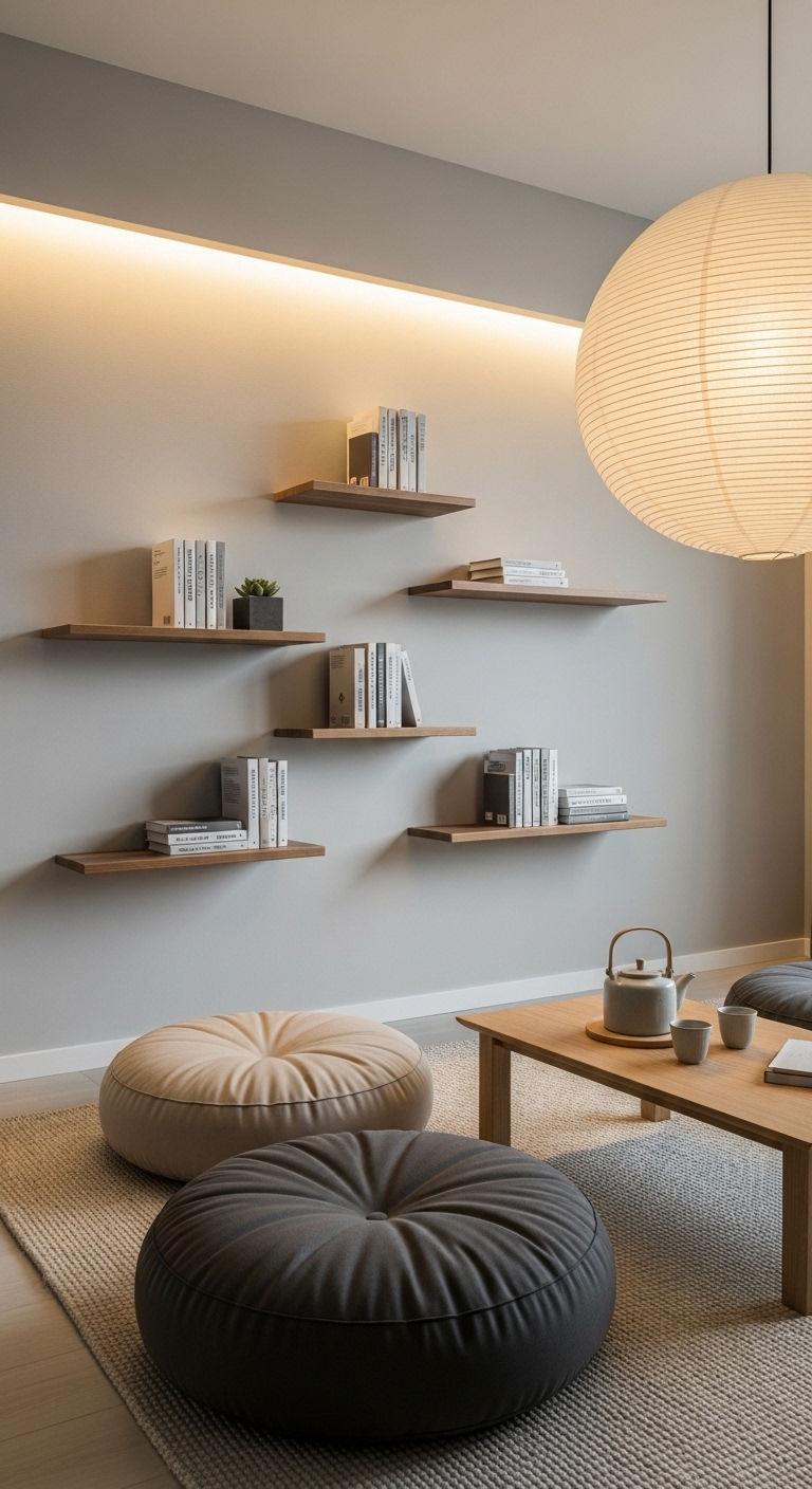 24 Genius Small Living Room Without Sofa Ideas (Minimal & Modern) 20 19. Floating Shelf Lounge