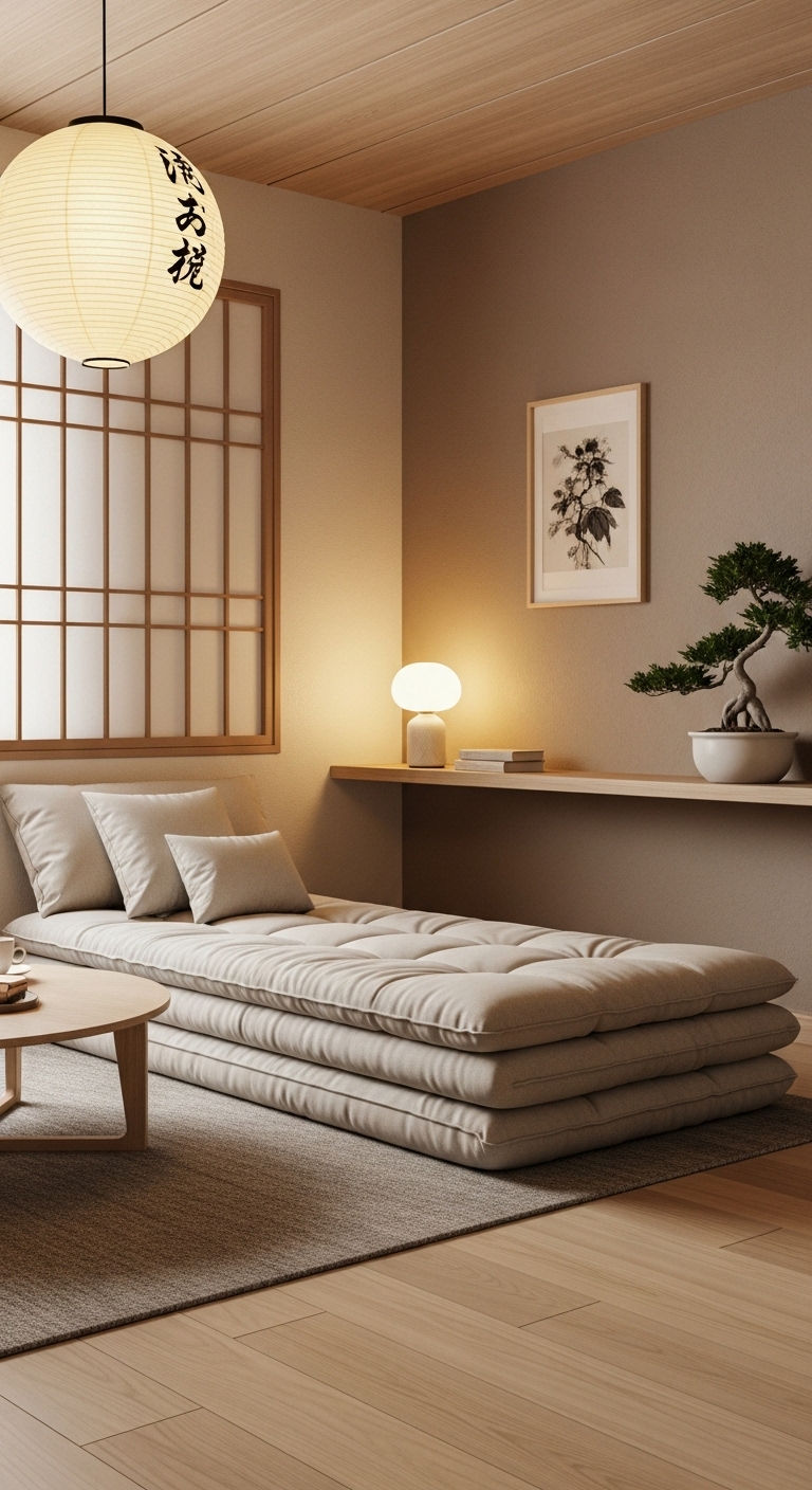 24 Genius Small Living Room Without Sofa Ideas (Minimal & Modern) 14 13. Futon Minimal Setup