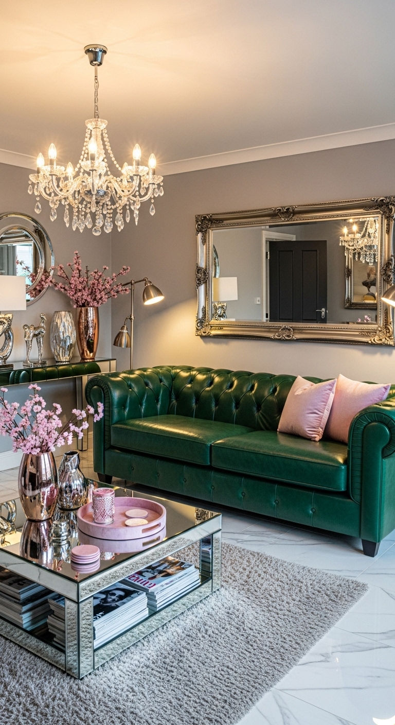 24 Green Leather Sofa Living Room Ideas for a Unique Pop of Color 21 21. Glam Chic Green Style