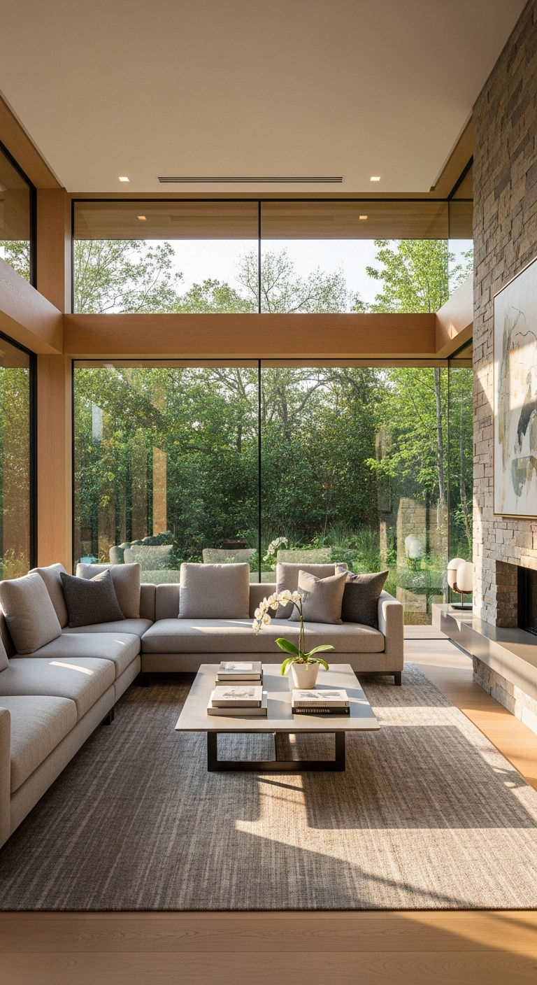 26 Living Room U Shape Sofa Ideas for Big Families & Open Layouts 17 17. Glass Wall Elegance