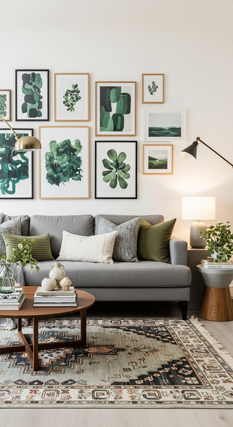 21 Green Living Room Grey Sofa Ideas for a Modern Natural Look 11 11. Green Gallery Wall Style