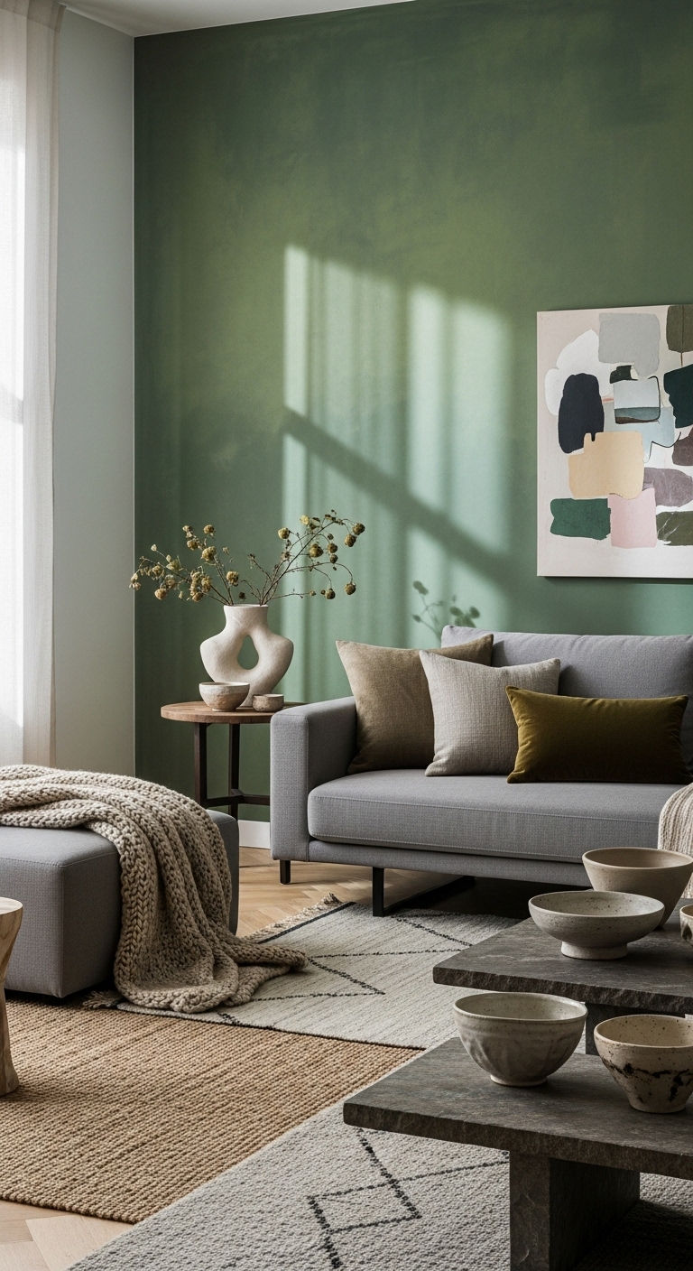 21 Green Living Room Grey Sofa Ideas for a Modern Natural Look 15 16. Green Texture Play