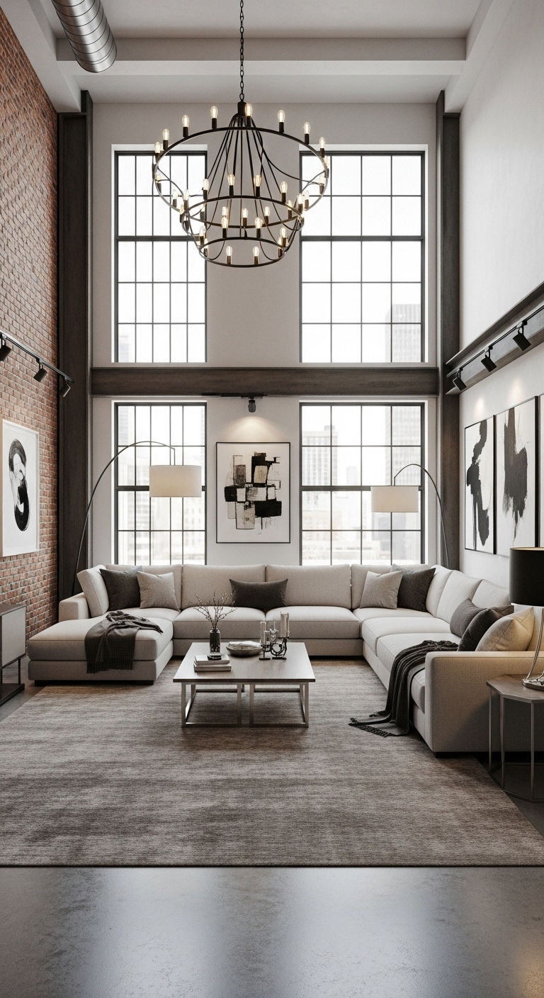 26 Living Room U Shape Sofa Ideas for Big Families & Open Layouts 14 14. High Ceiling Luxury Loft