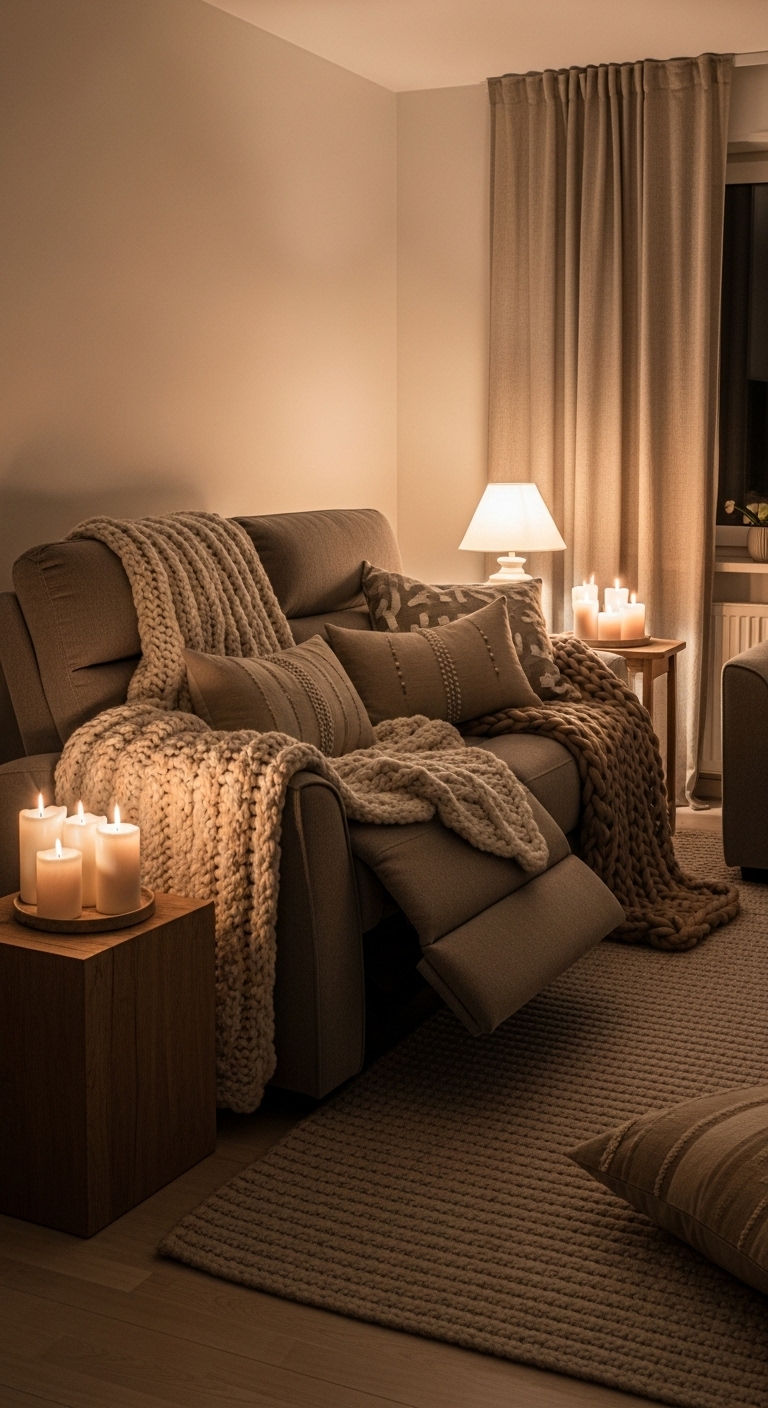19 Cozy Recliner Sofa Living Room Ideas for Everyday Relaxation 11 10. Hygge Inspired Retreat