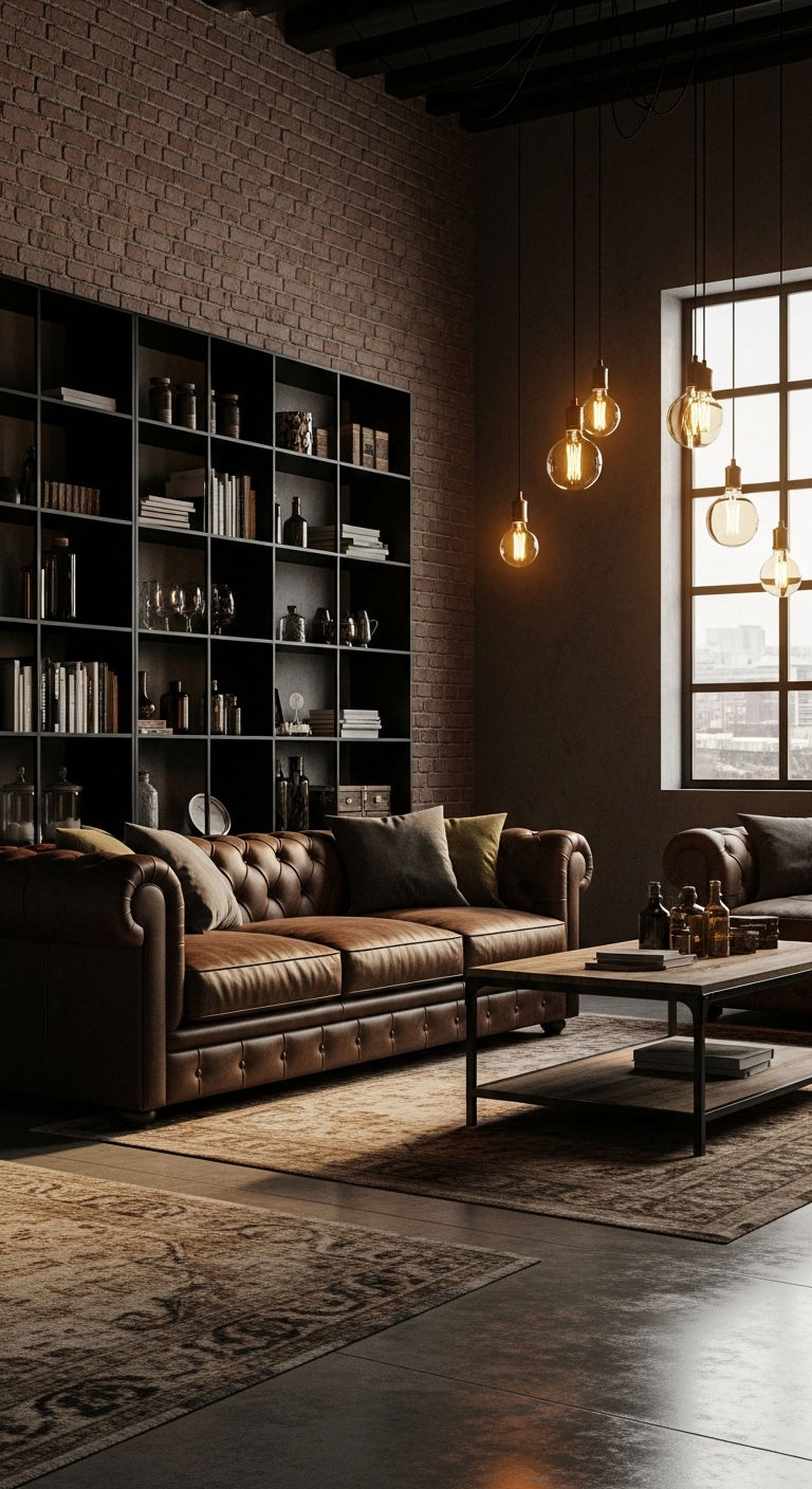 19 Brown Sofa Living Room Ideas for a Warm and Classic Feel 7 6. Industrial Warmth Fusion