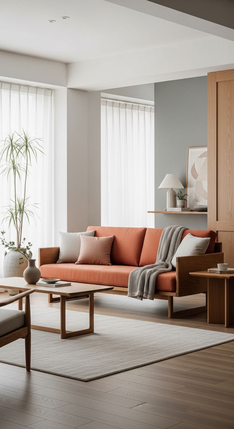 22 Terracotta Sofa Living Room Ideas for Warm Earthy Vibes 18 17. Japandi Clay Harmony