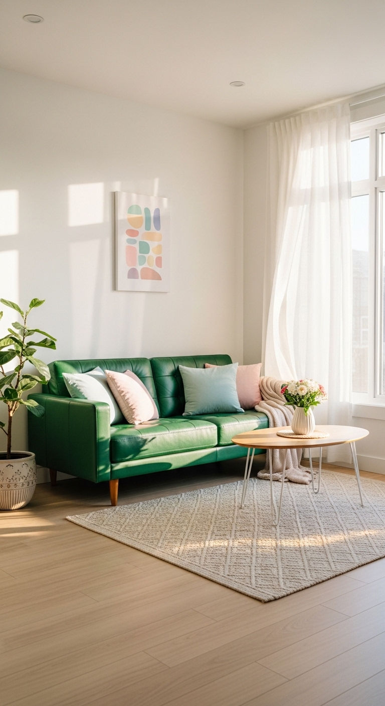 24 Green Leather Sofa Living Room Ideas for a Unique Pop of Color 9 8. Light Airy Contrast
