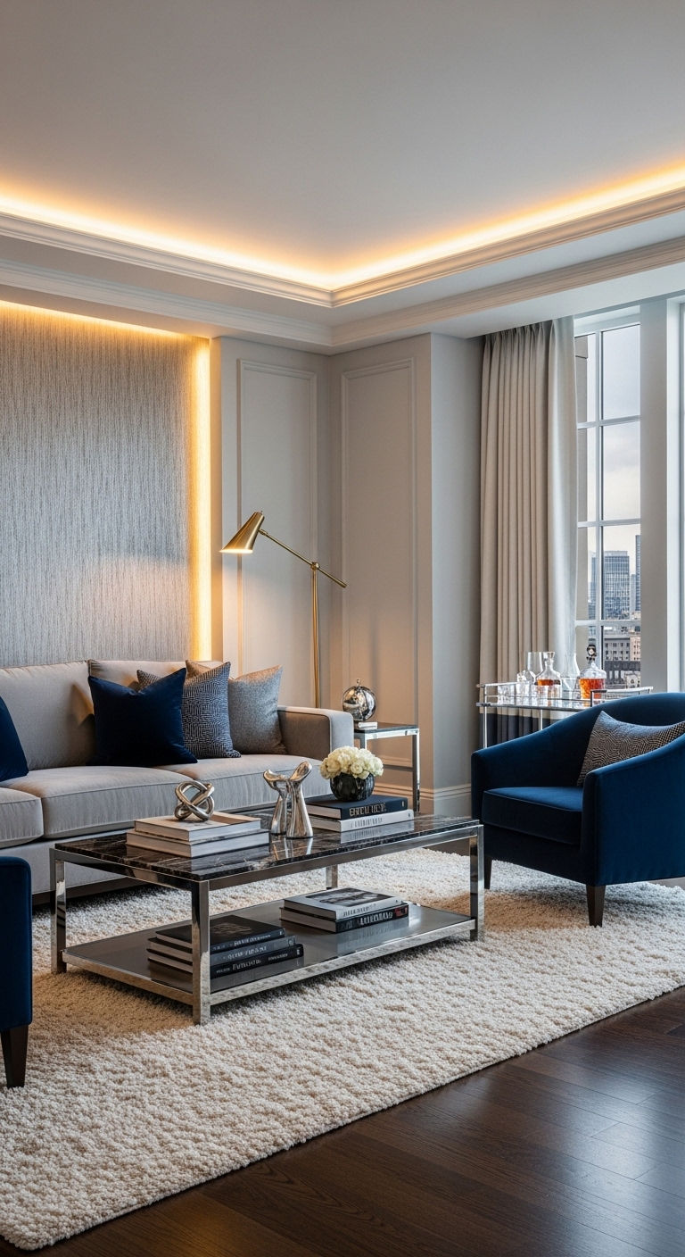 25 Blue Living Room Grey Sofa Ideas for a Cool, Balanced Space 20 22. Luxe Hotel-Inspired Space