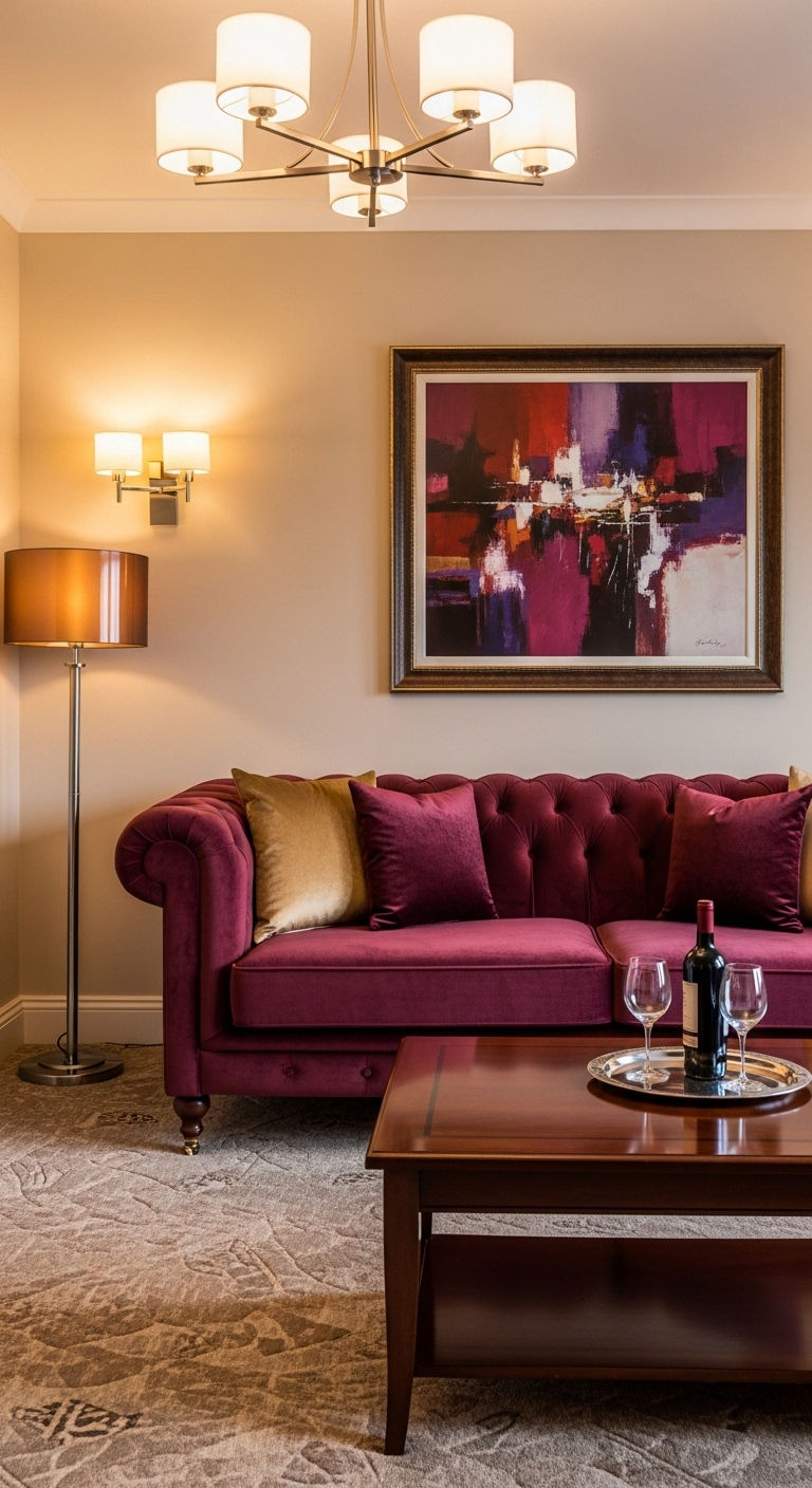 26 Wine Sofa Living Room Ideas for a Rich, Dramatic Style 22 23. Luxe Hotel-Inspired Wine Living Room