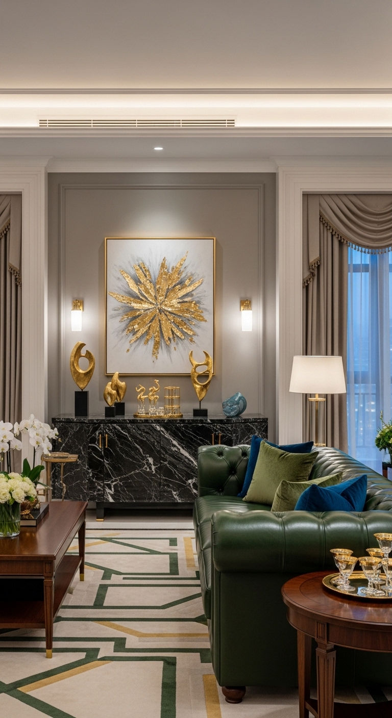 24 Green Leather Sofa Living Room Ideas for a Unique Pop of Color 15 14. Luxury Hotel Style Living