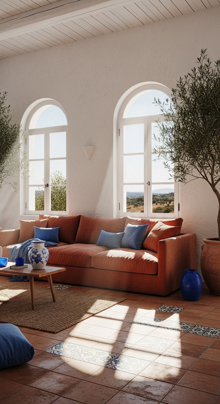 22 Terracotta Sofa Living Room Ideas for Warm Earthy Vibes 4 3. Mediterranean Dream