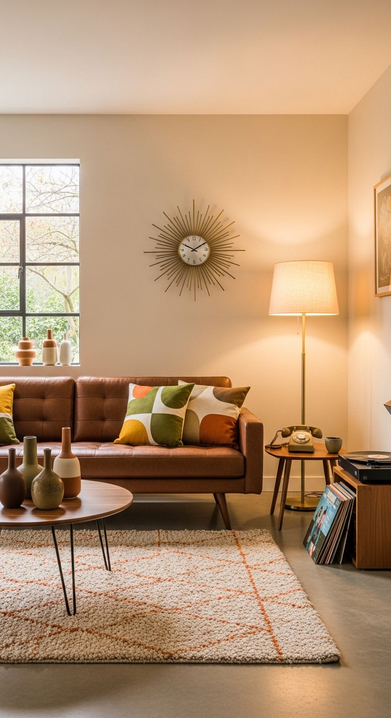 19 Brown Sofa Living Room Ideas for a Warm and Classic Feel 10 10. Mid-Century Brown Revival
