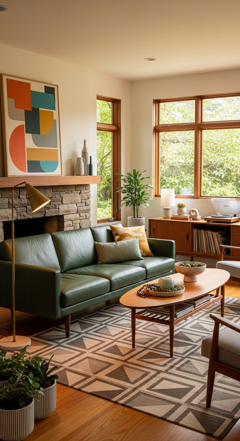 24 Green Leather Sofa Living Room Ideas for a Unique Pop of Color 10 9. Mid Century Green Icon