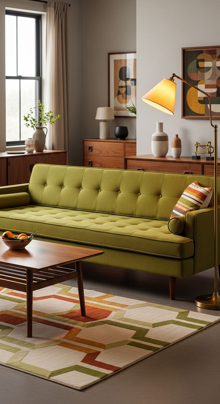 24 Moss Green Sofa Living Room Ideas for a Natural Feel 8 7. Mid-Century Green Statement