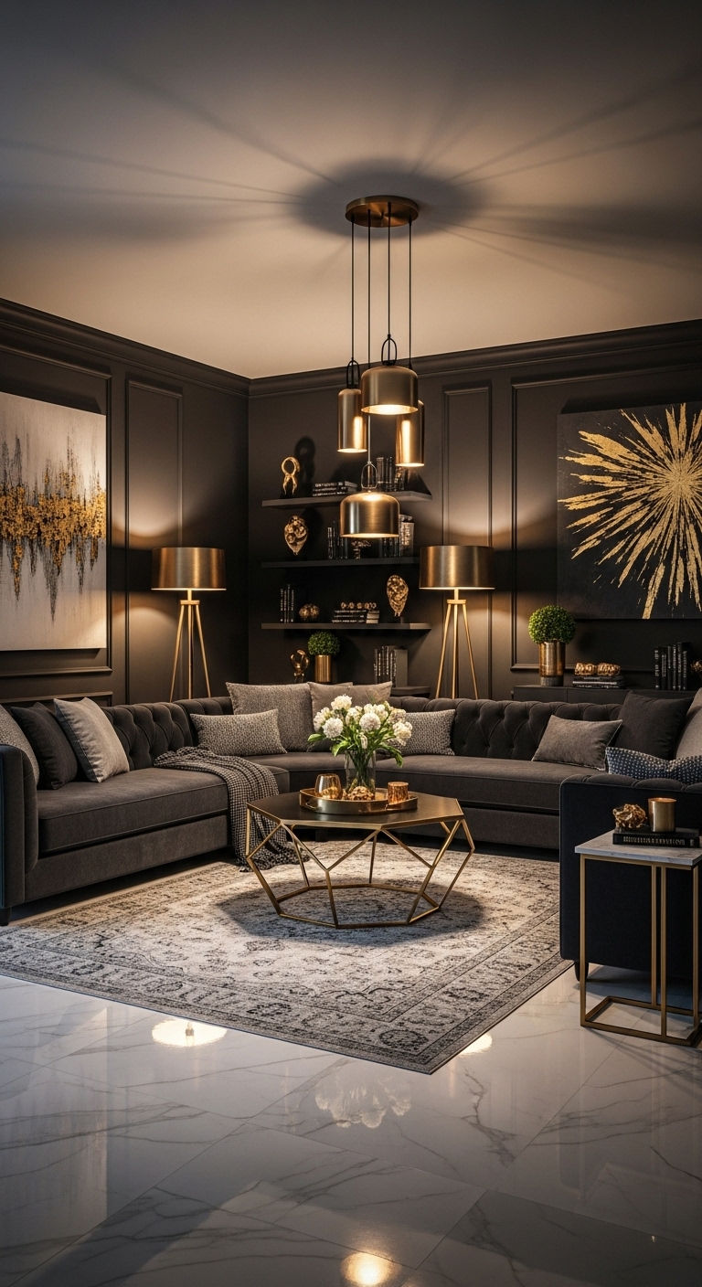 26 Living Room U Shape Sofa Ideas for Big Families & Open Layouts 3 2. Midnight Luxe Lounge