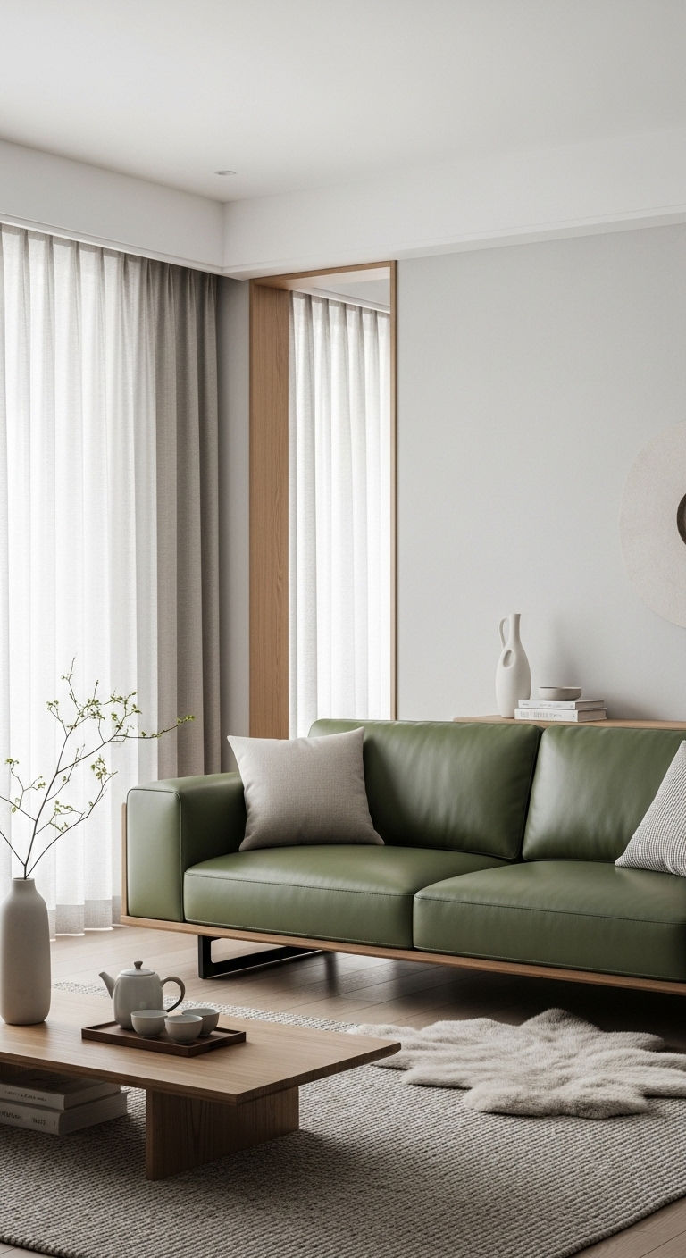 24 Green Leather Sofa Living Room Ideas for a Unique Pop of Color 23 23. Minimal Green Zen Space