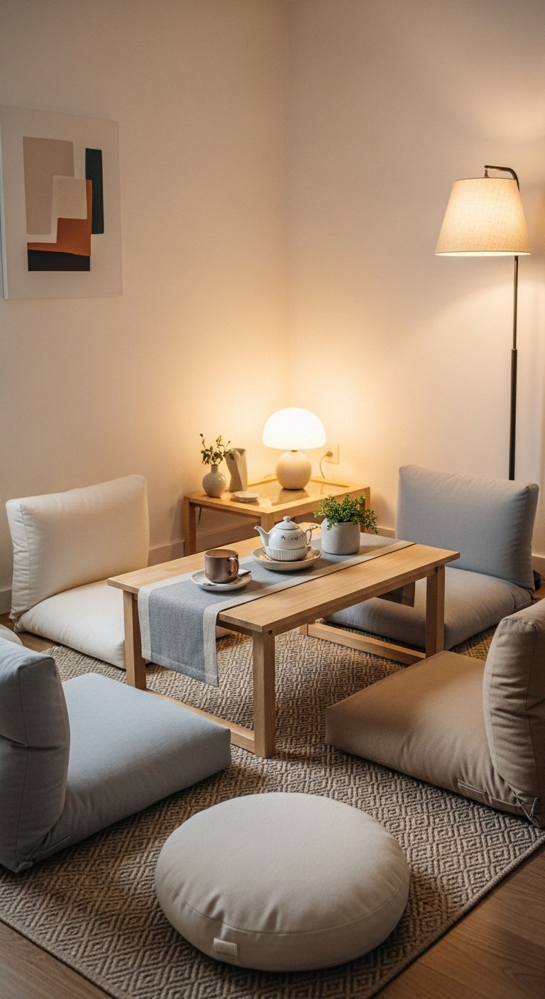 24 Genius Small Living Room Without Sofa Ideas (Minimal & Modern) 18 17. Minimal Tea Corner
