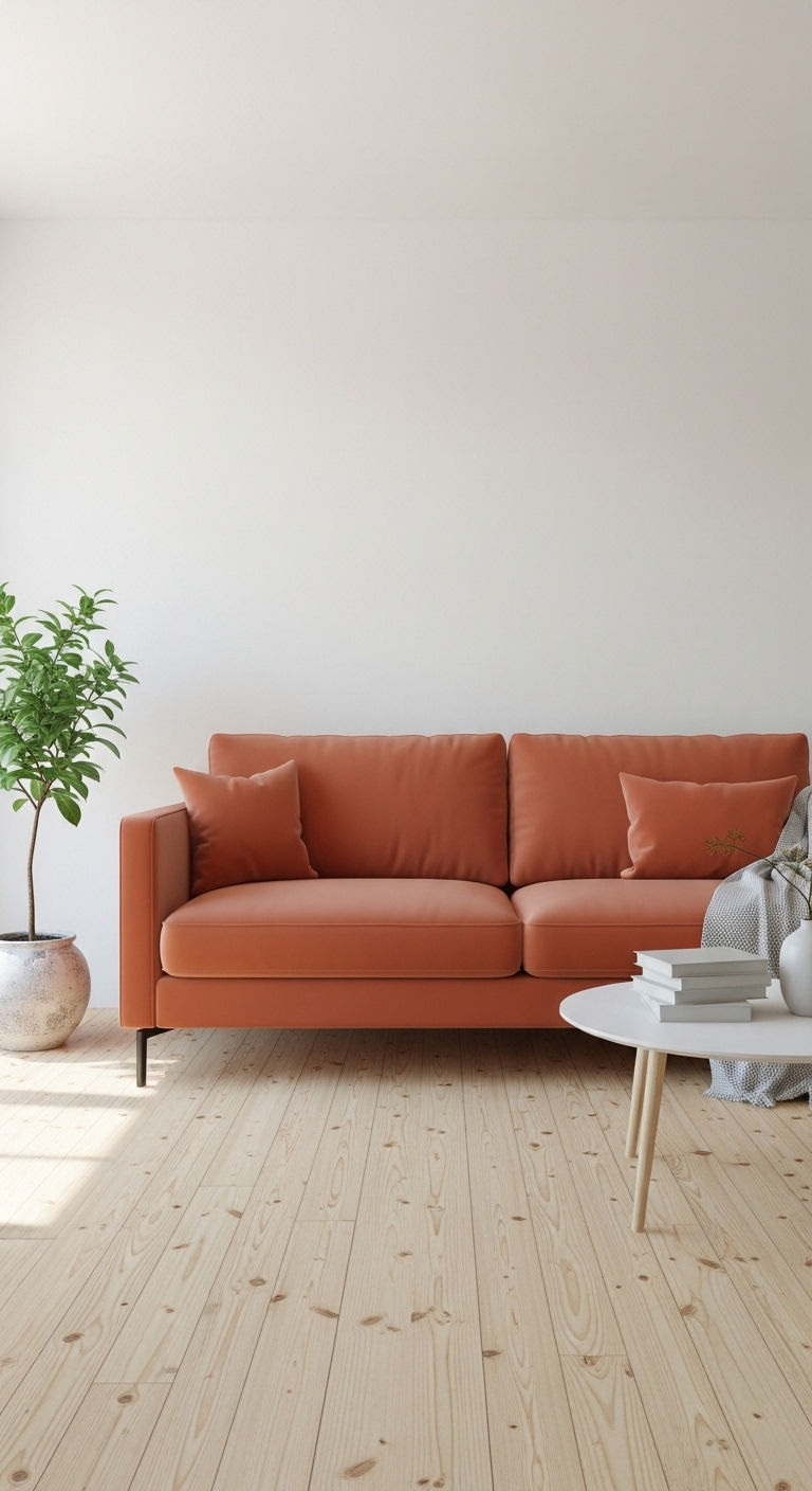 22 Terracotta Sofa Living Room Ideas for Warm Earthy Vibes 7 6. Minimalist Clay Calm