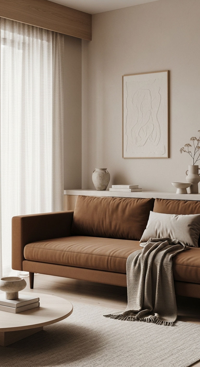 19 Brown Sofa Living Room Ideas for a Warm and Classic Feel 12 12. Minimalist Warm Core
