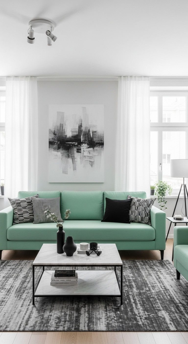 23 Green Living Room Sofa Ideas for a Fresh, Nature-Inspired Look 7 6. Minty Fresh Minimalism