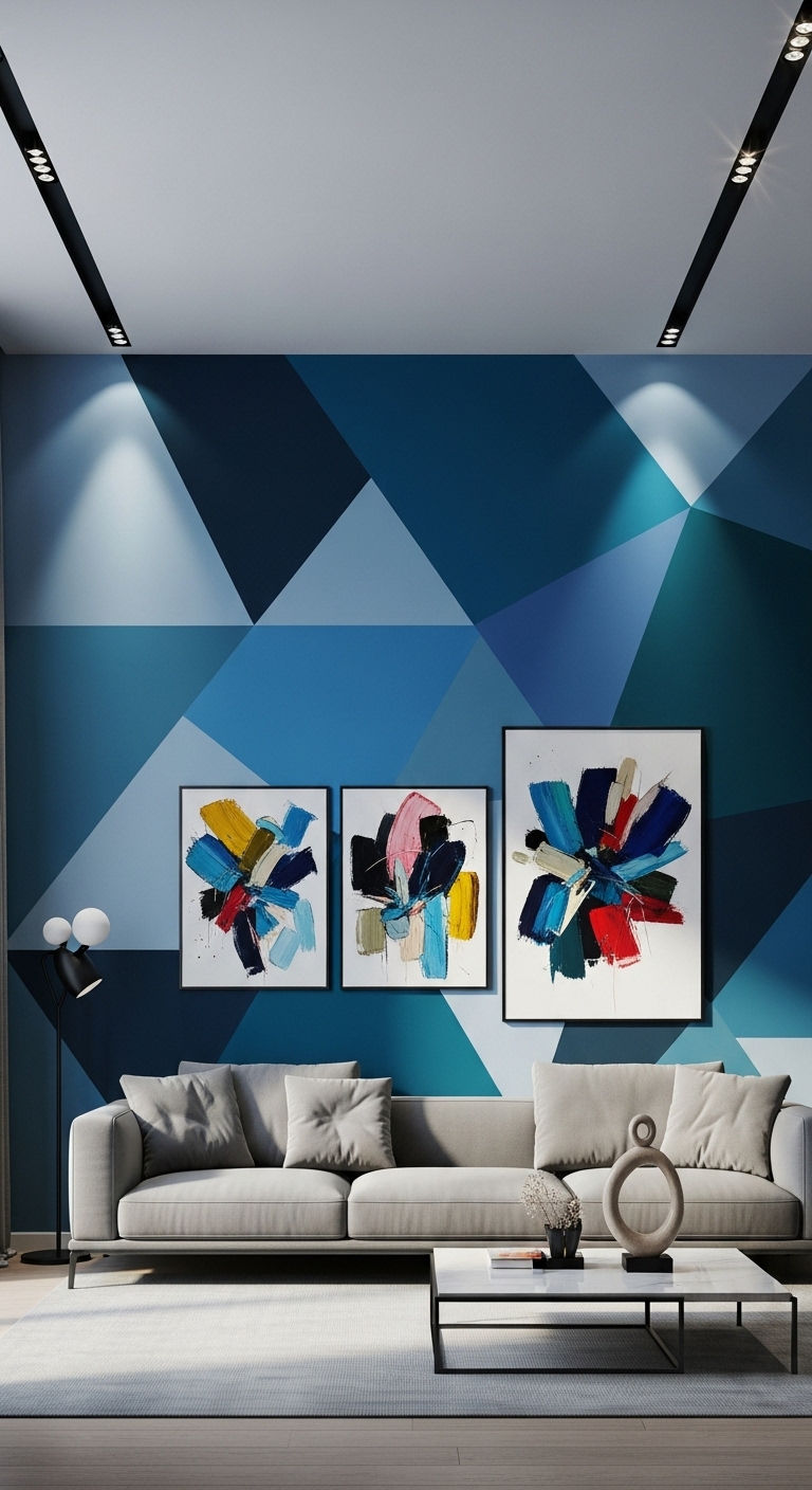 25 Blue Living Room Grey Sofa Ideas for a Cool, Balanced Space 12 13. Modern Blue Geometry