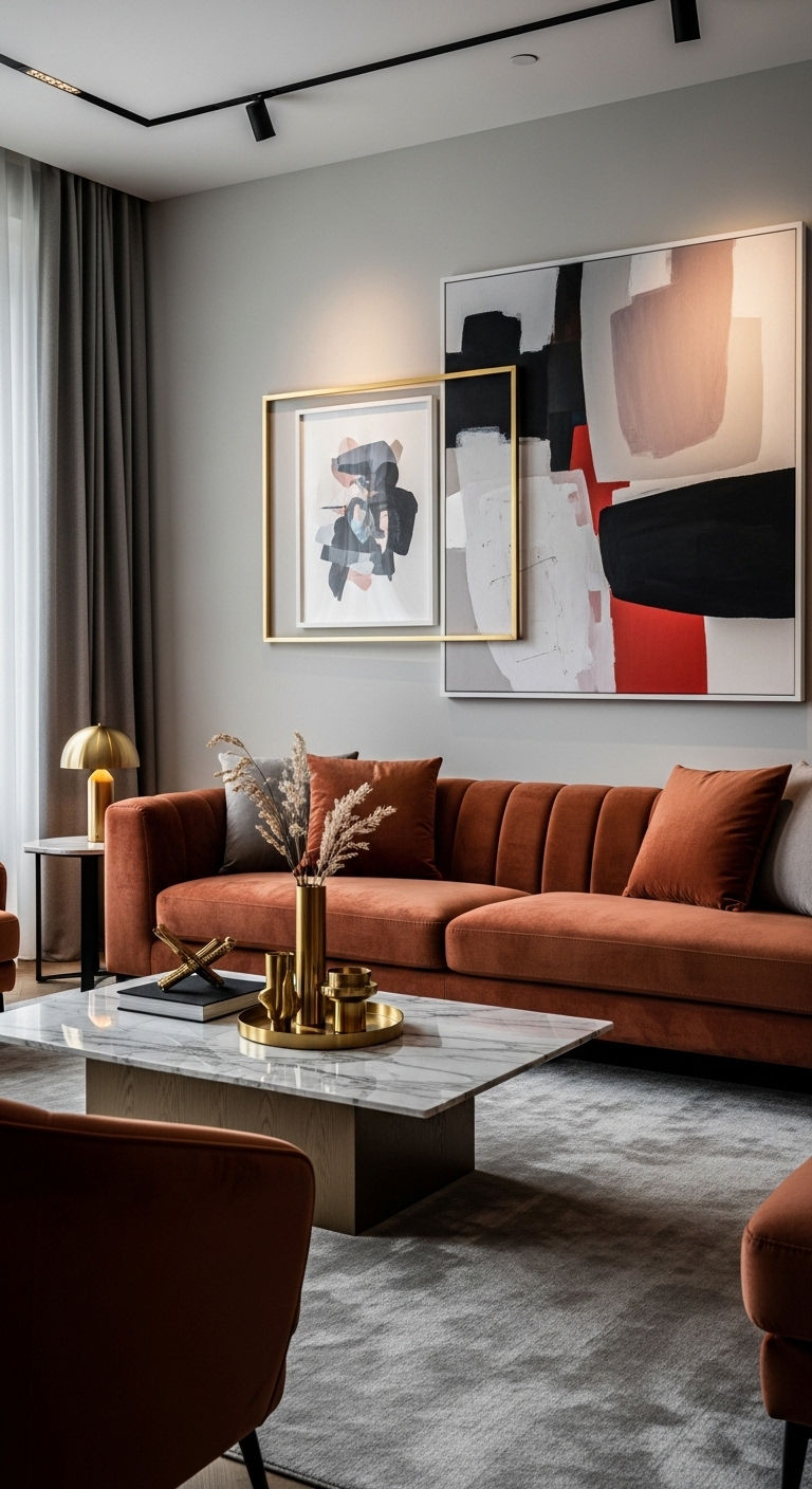 22 Terracotta Sofa Living Room Ideas for Warm Earthy Vibes 5 4. Modern Earth Luxe