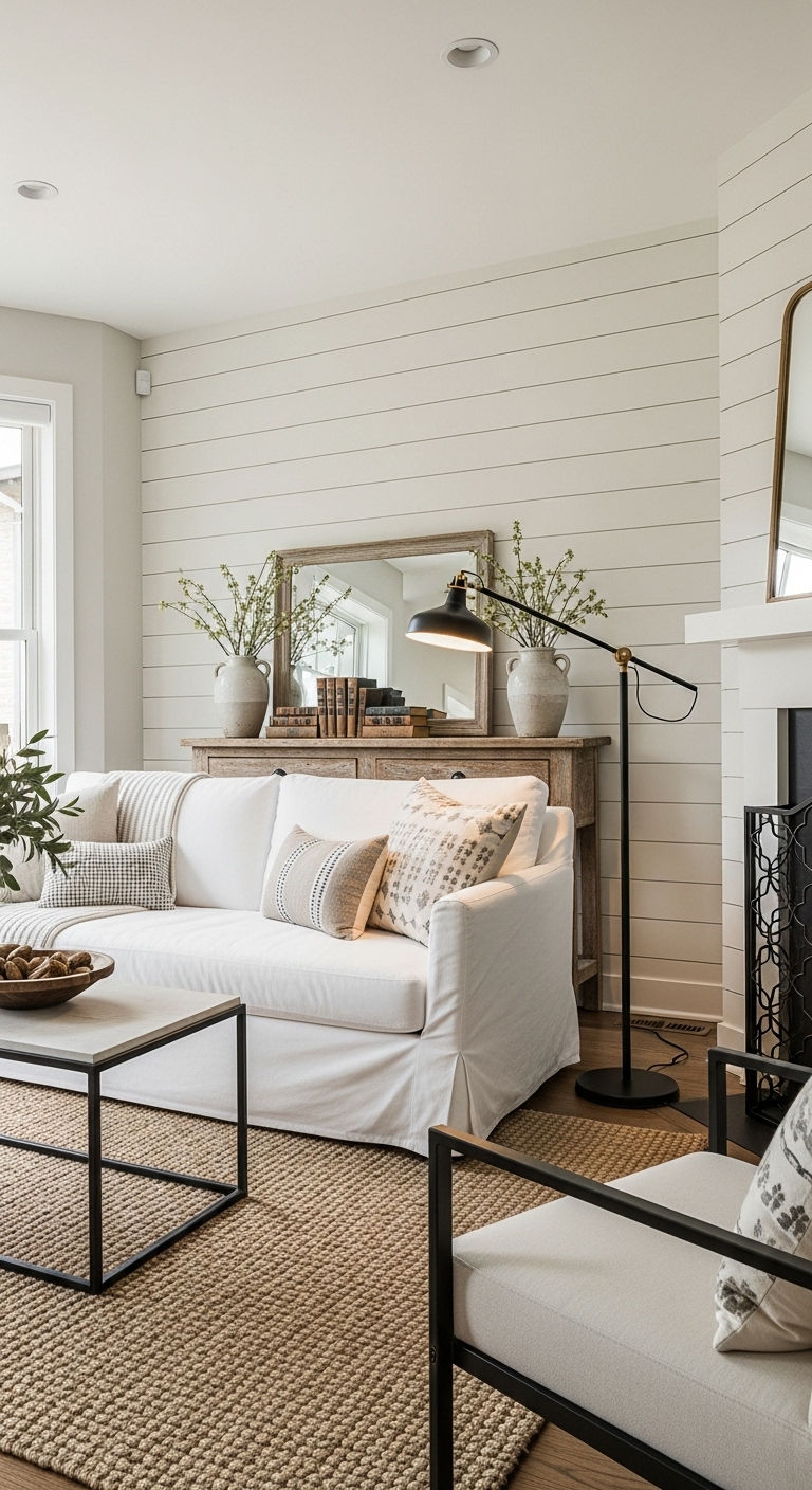 23 White Slipcovered Sofa Living Room Ideas for a Fresh Look 19 18. Modern Farmhouse Blend