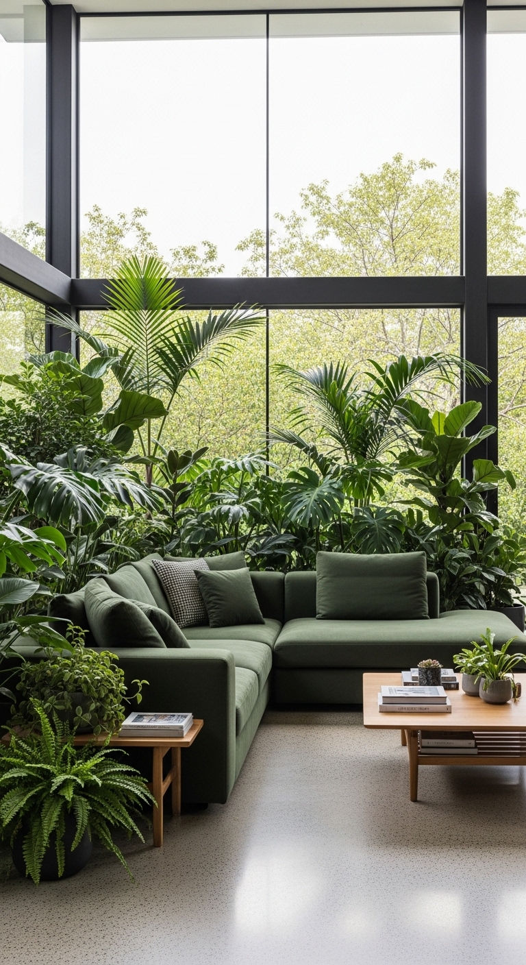 23 Green Living Room Sofa Ideas for a Fresh, Nature-Inspired Look 6 5. Modern Jungle Escape