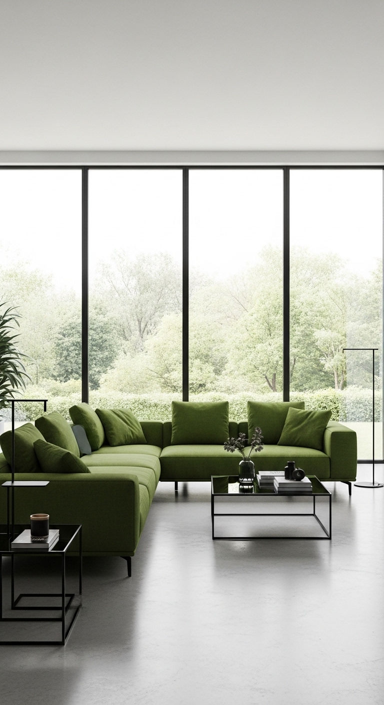 24 Moss Green Sofa Living Room Ideas for a Natural Feel 4 3. Modern Nature Blend