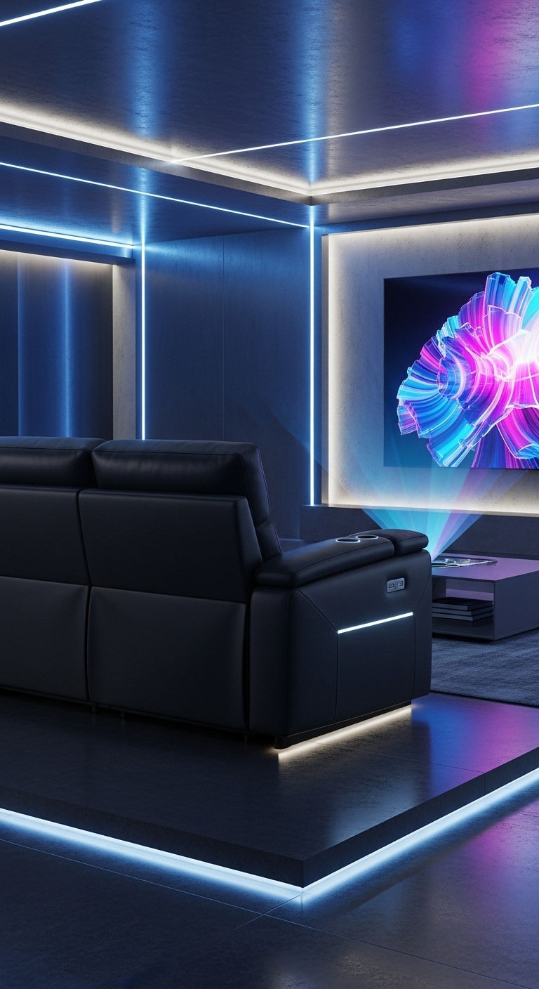 19 Cozy Recliner Sofa Living Room Ideas for Everyday Relaxation 10 9. Modern Tech Chill Space