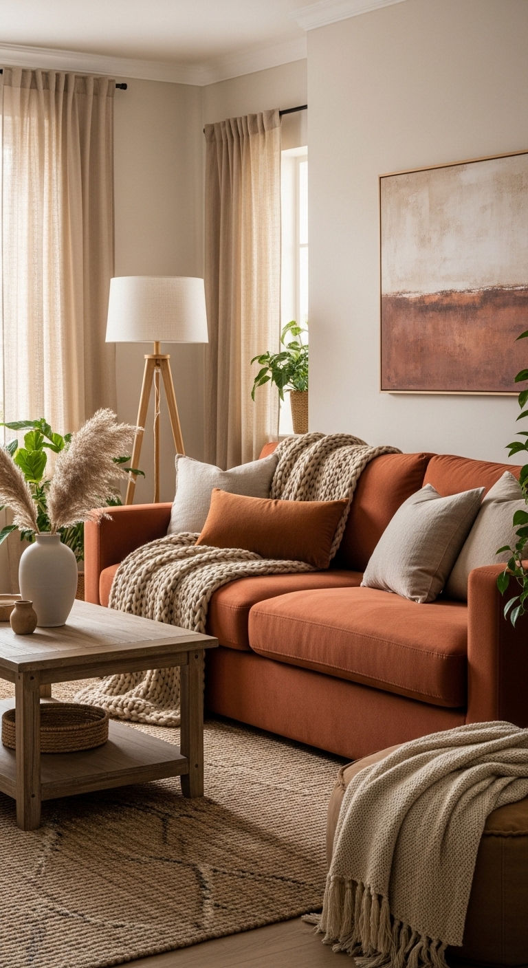 22 Terracotta Sofa Living Room Ideas for Warm Earthy Vibes 20 19. Monochrome Earth Layers
