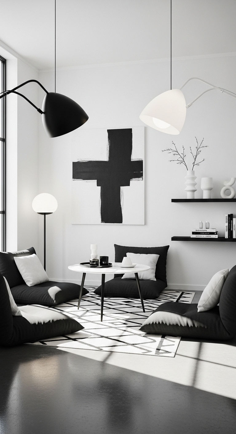 24 Genius Small Living Room Without Sofa Ideas (Minimal & Modern) 21 20. Monochrome Floor Setup
