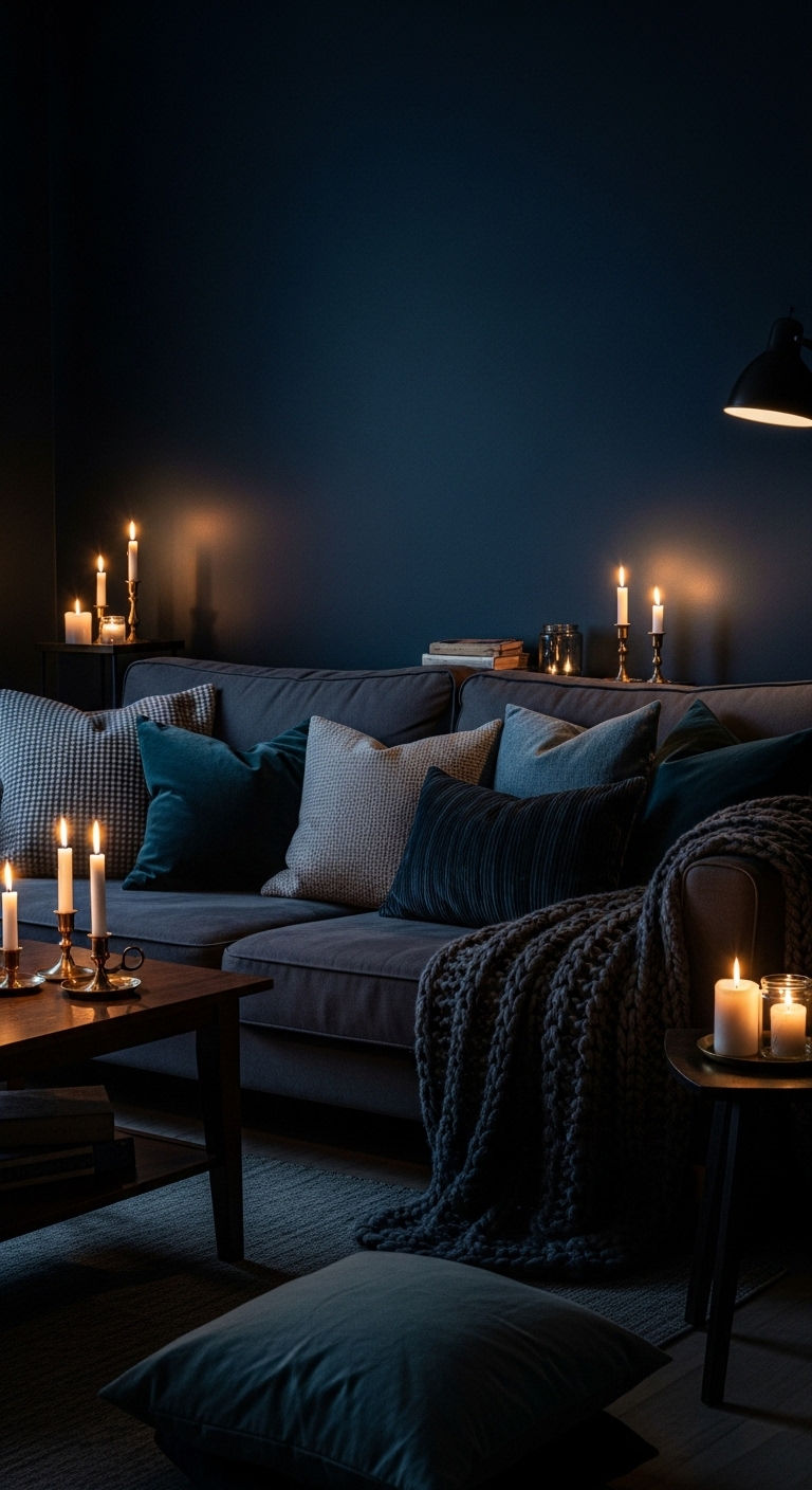 25 Blue Living Room Grey Sofa Ideas for a Cool, Balanced Space 9 9. Moody Midnight Comfort