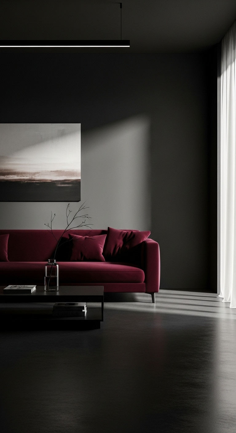 26 Wine Sofa Living Room Ideas for a Rich, Dramatic Style 3 2. Moody Modern Wine Lounge