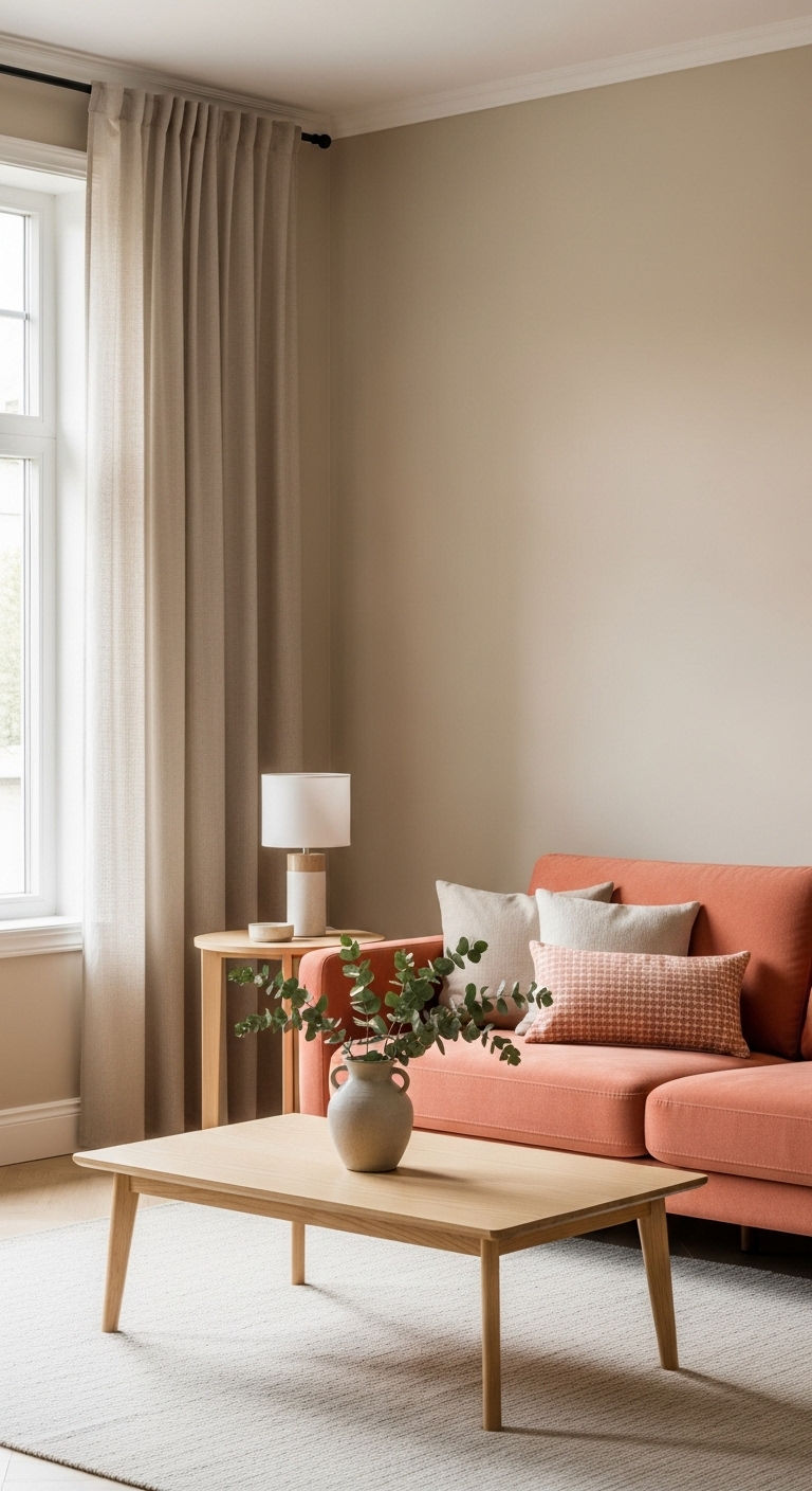 23 Coral Sofa Living Room Ideas That Feel Fresh & Vibrant 7 7. Muted Coral Serenity