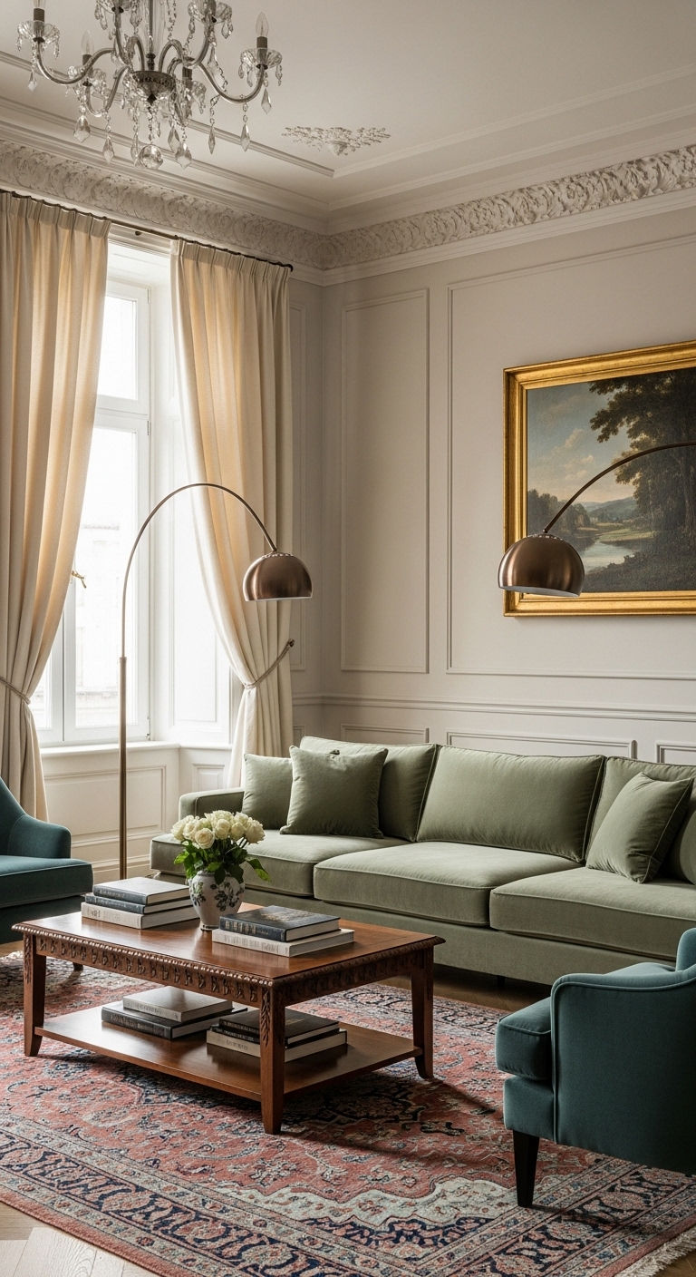 23 Green Living Room Sofa Ideas for a Fresh, Nature-Inspired Look 16 15. Muted Green Elegance