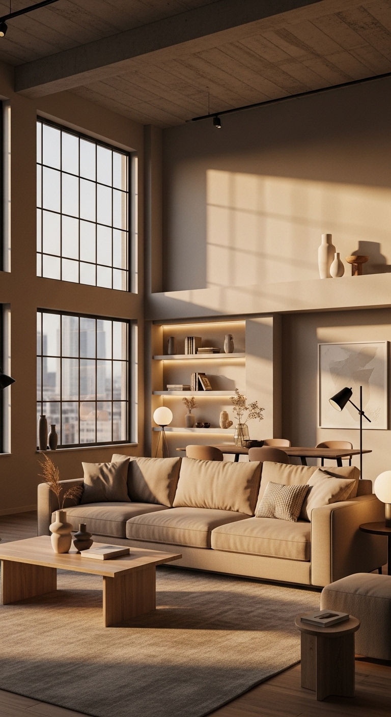 27 Sand Sofa Living Room Ideas for Soft Neutral Spaces 20 19. Muted Luxury Loft