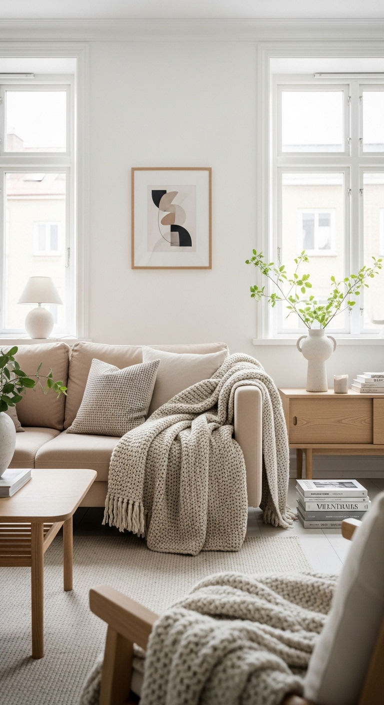 27 Sand Sofa Living Room Ideas for Soft Neutral Spaces 7 6. Muted Scandinavian Glow