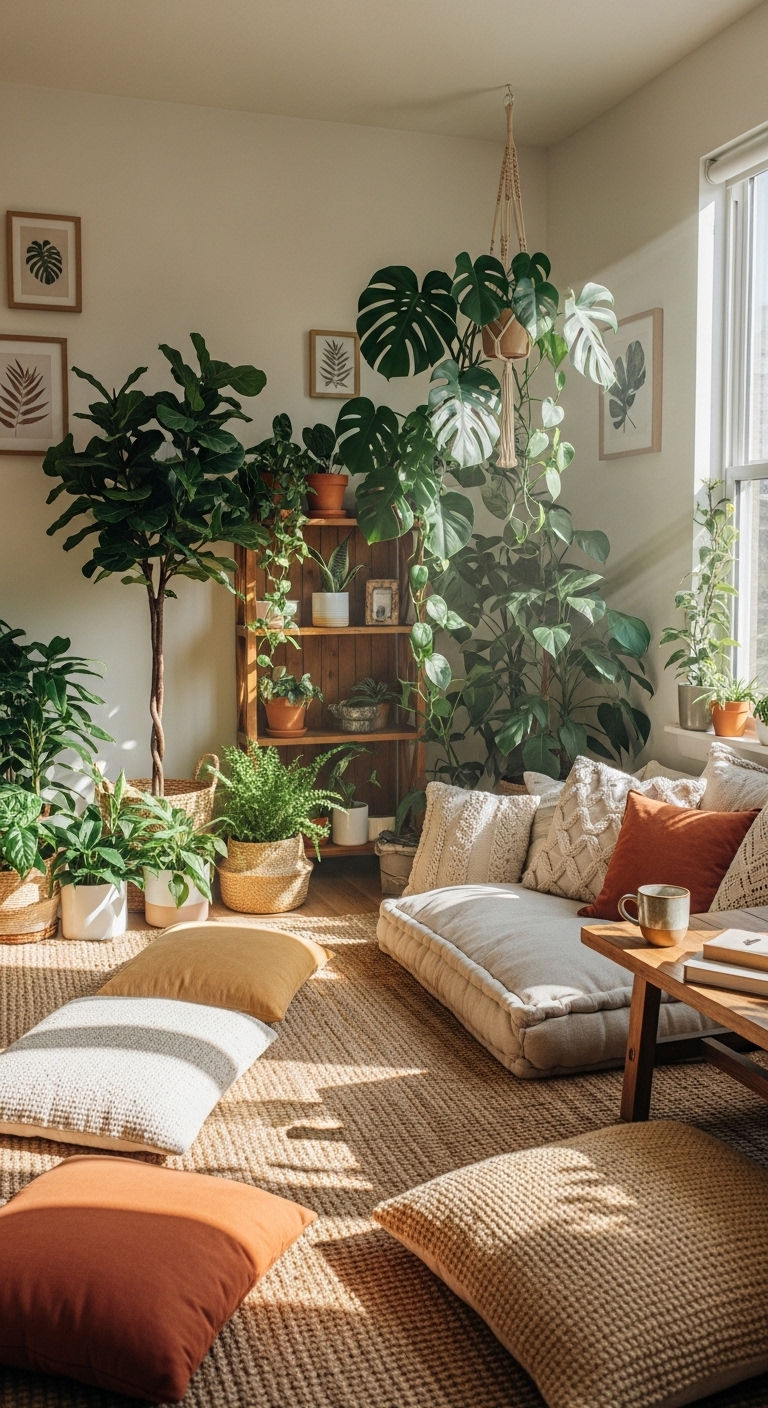24 Genius Small Living Room Without Sofa Ideas (Minimal & Modern) 22 21. Nature-Inspired Floor Space