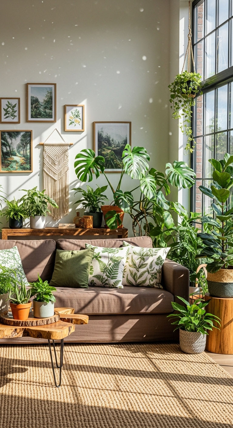 19 Brown Sofa Living Room Ideas for a Warm and Classic Feel 9 9. Nature-Inspired Haven