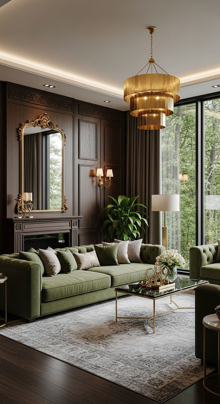 24 Moss Green Sofa Living Room Ideas for a Natural Feel 18 17. Nature-Inspired Luxury