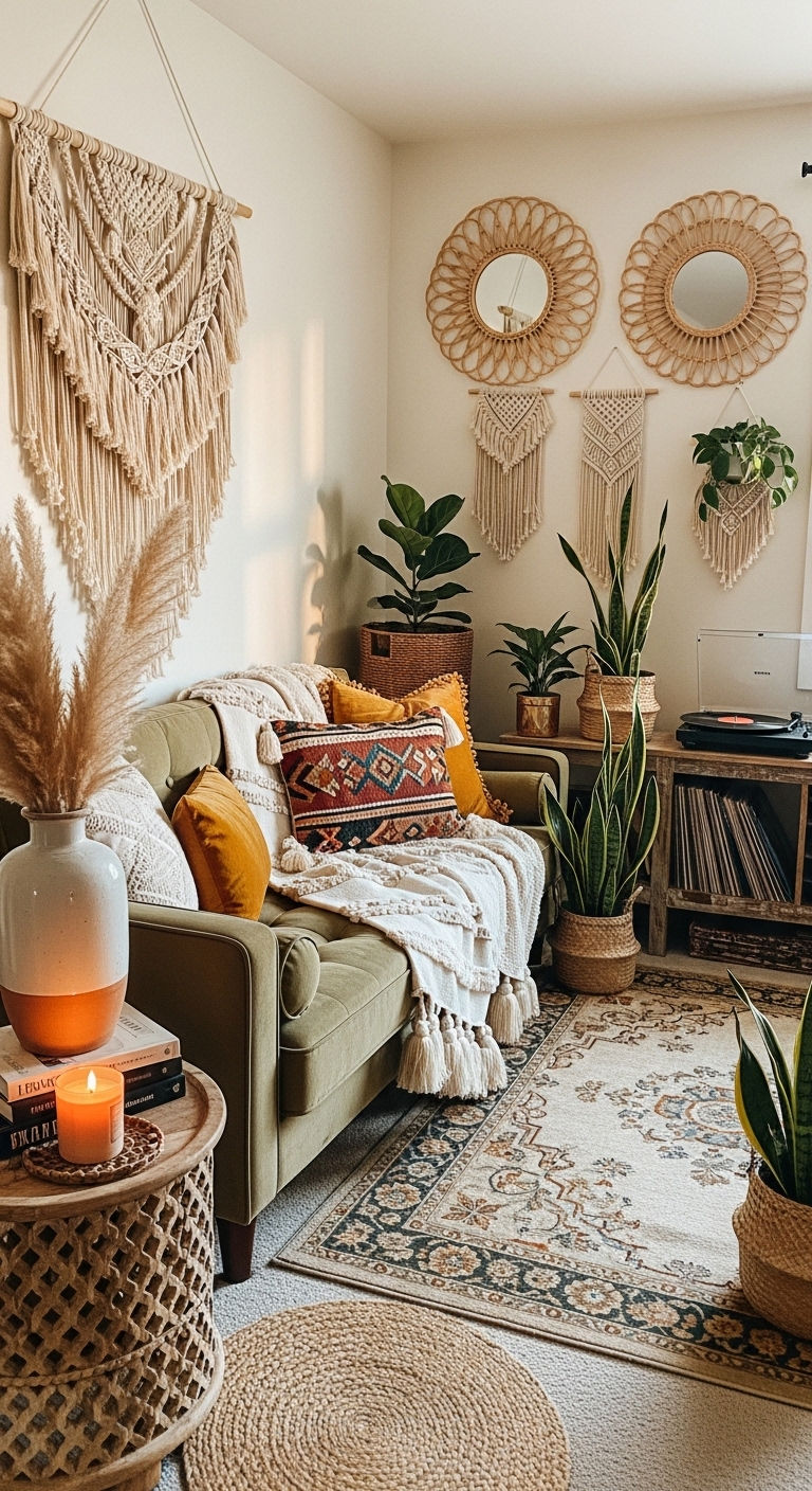 23 Green Living Room Sofa Ideas for a Fresh, Nature-Inspired Look 5 4. Olive Boho Haven