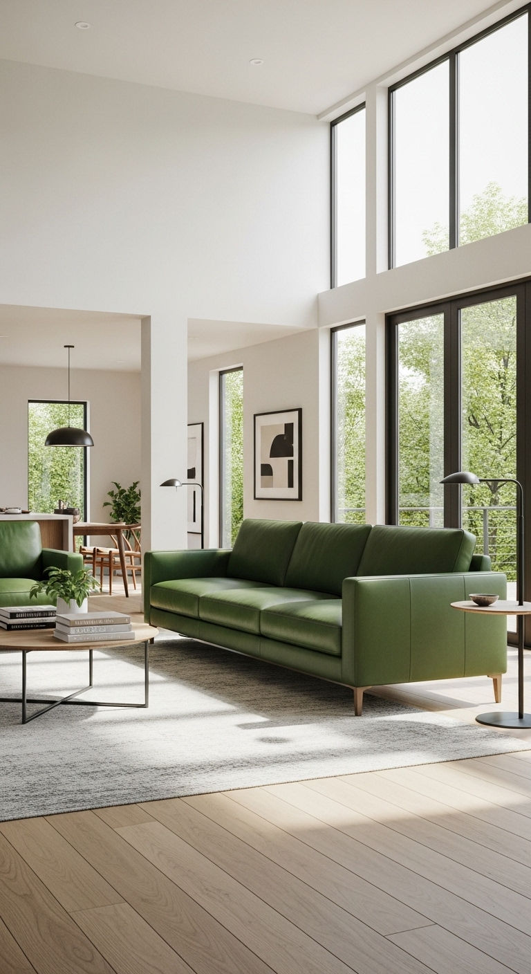 24 Green Leather Sofa Living Room Ideas for a Unique Pop of Color 20 20. Open Space Green Accent