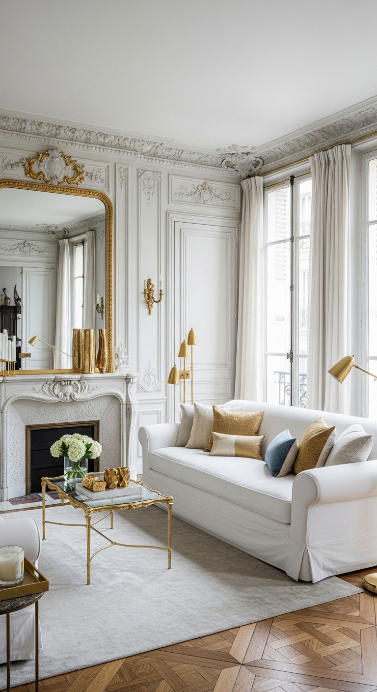 23 White Slipcovered Sofa Living Room Ideas for a Fresh Look 6 5. Parisian Chic Corner