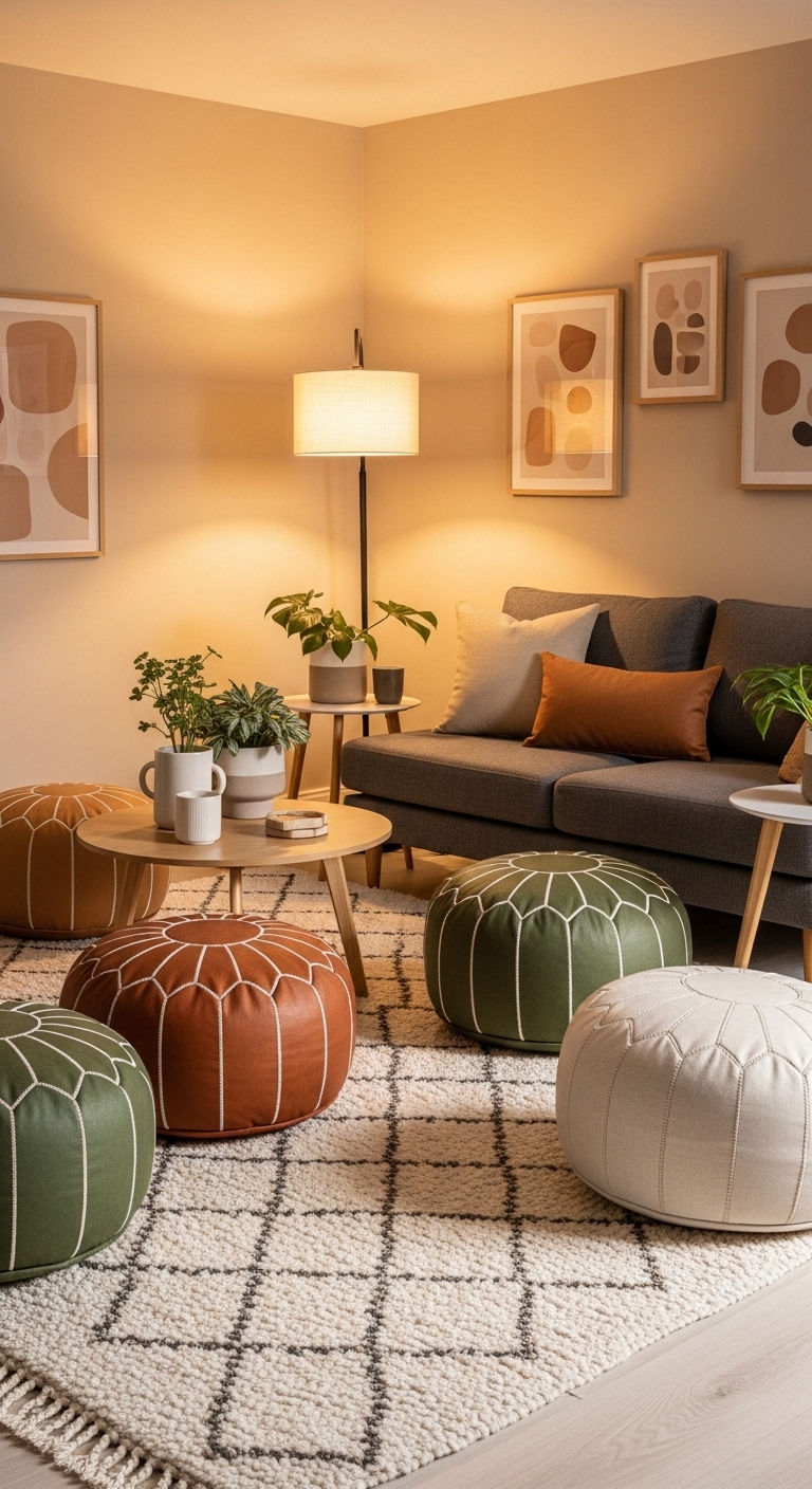 24 Genius Small Living Room Without Sofa Ideas (Minimal & Modern) 5 4. Pouf Lounge Setup