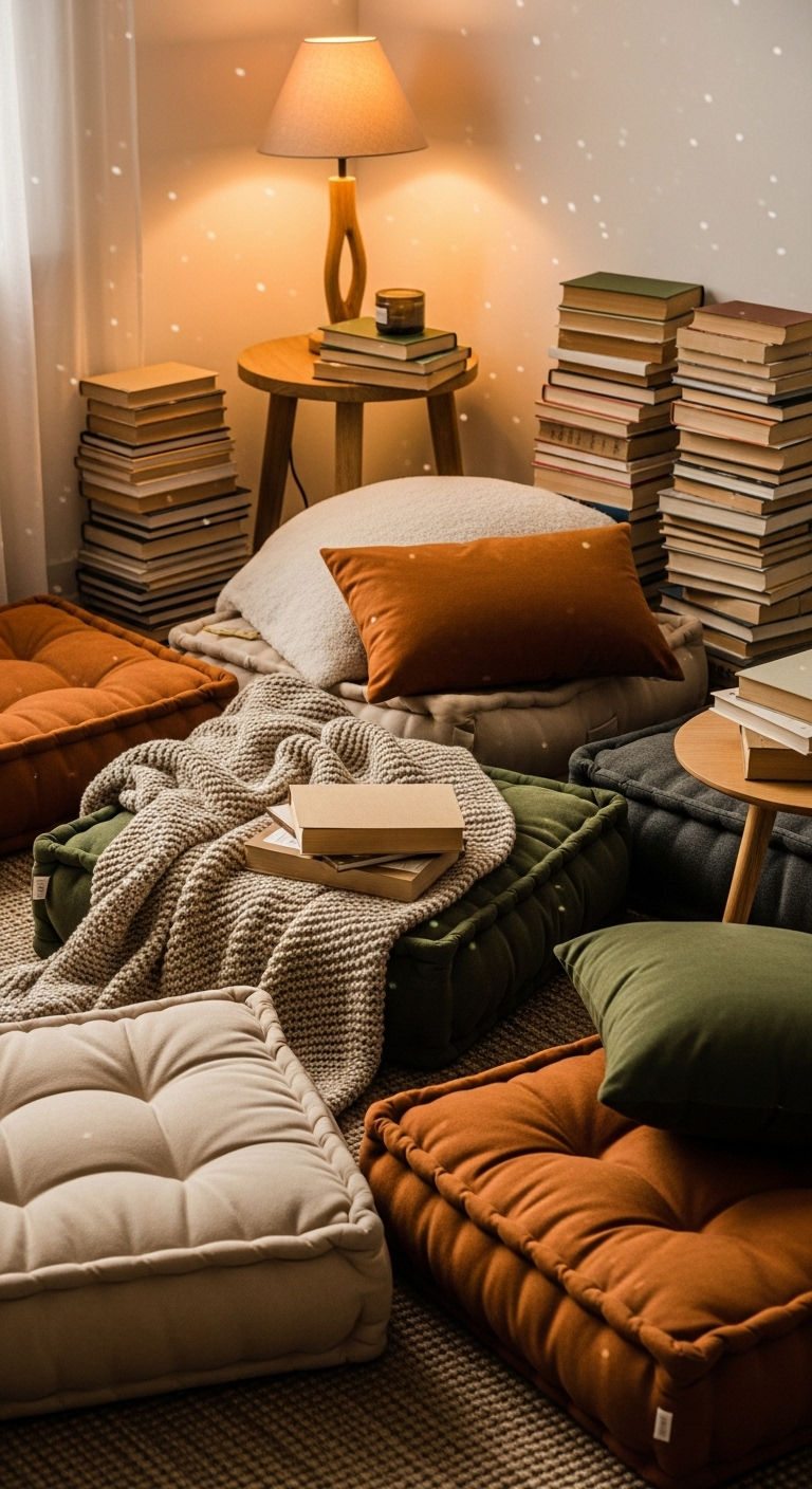 24 Genius Small Living Room Without Sofa Ideas (Minimal & Modern) 17 16. Reading Nook Floor Setup