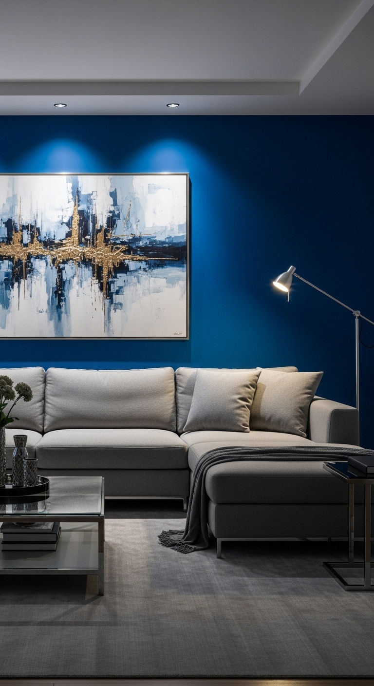 25 Blue Living Room Grey Sofa Ideas for a Cool, Balanced Space 6 6. Royal Blue Statement Space