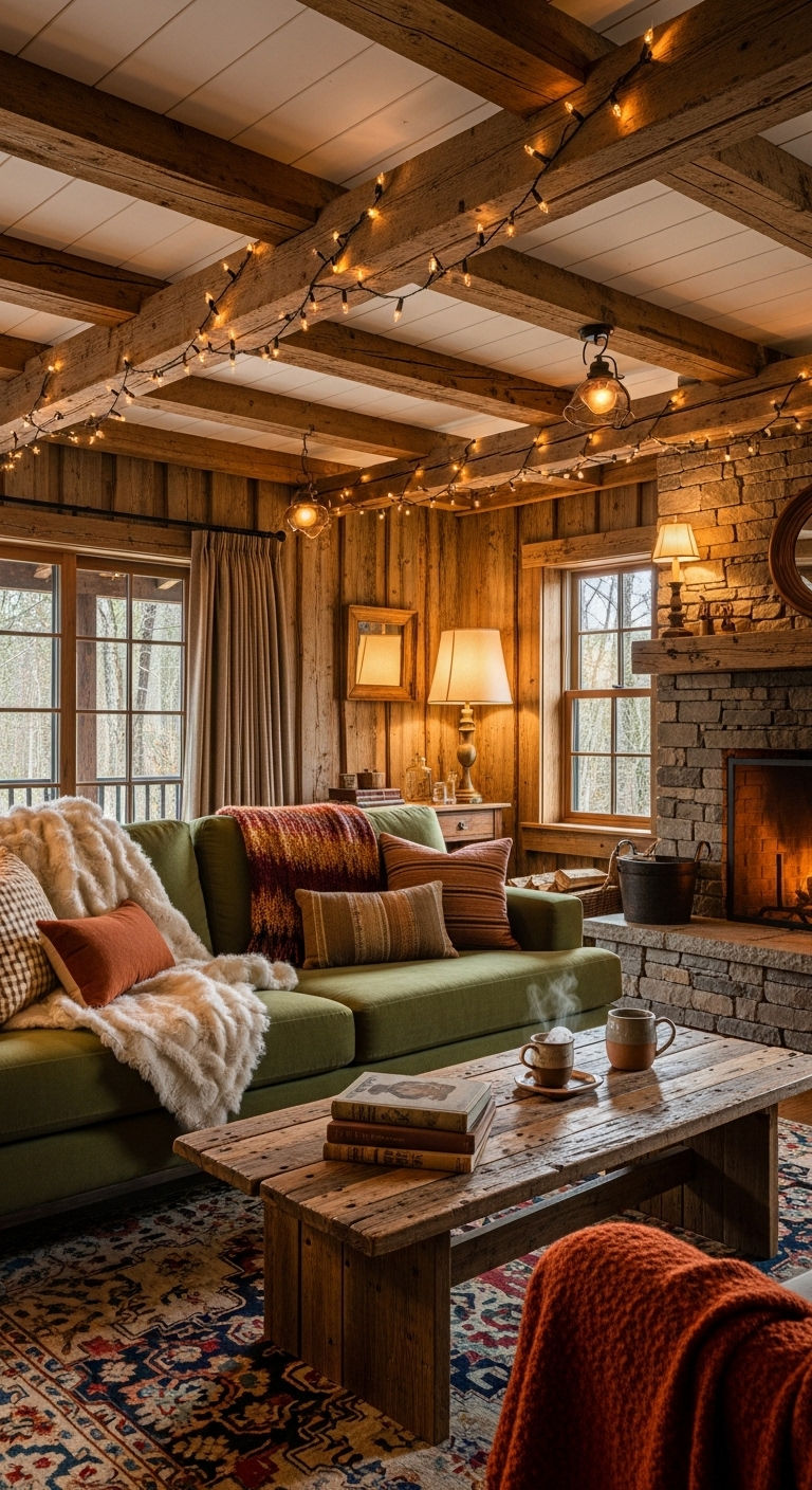 24 Moss Green Sofa Living Room Ideas for a Natural Feel 5 4. Rustic Woodland Charm