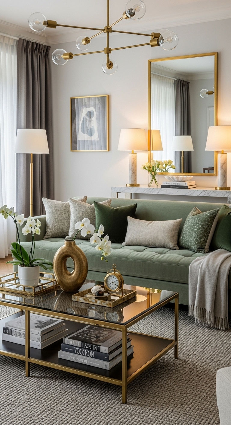5. Sage Sofa with Gold Accents