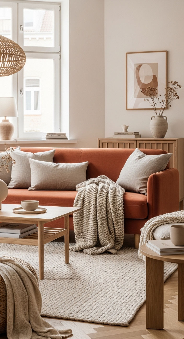 22 Terracotta Sofa Living Room Ideas for Warm Earthy Vibes 13 12. Scandinavian Earth Blend